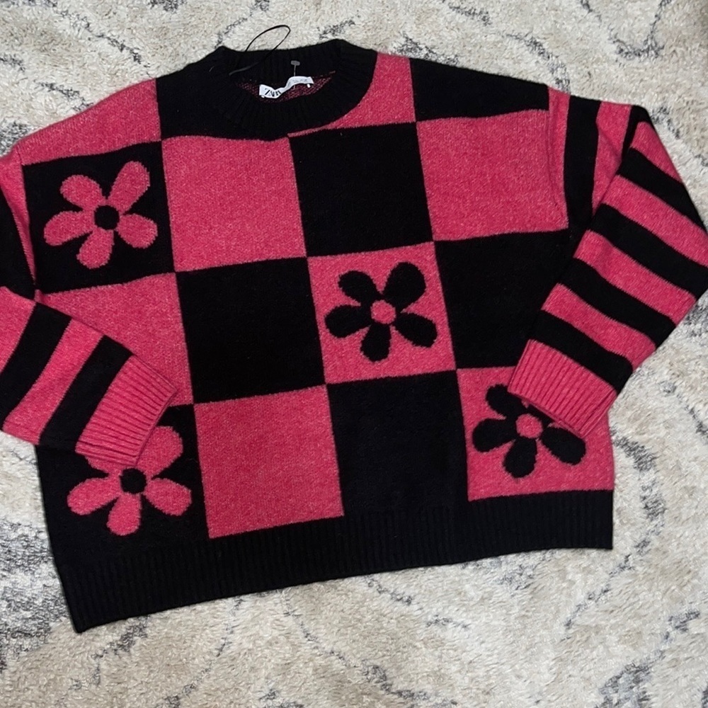 Zara warm Cozy Floral Printed Checkered OverSize Crewneck Sweater - Picture 10 of 12